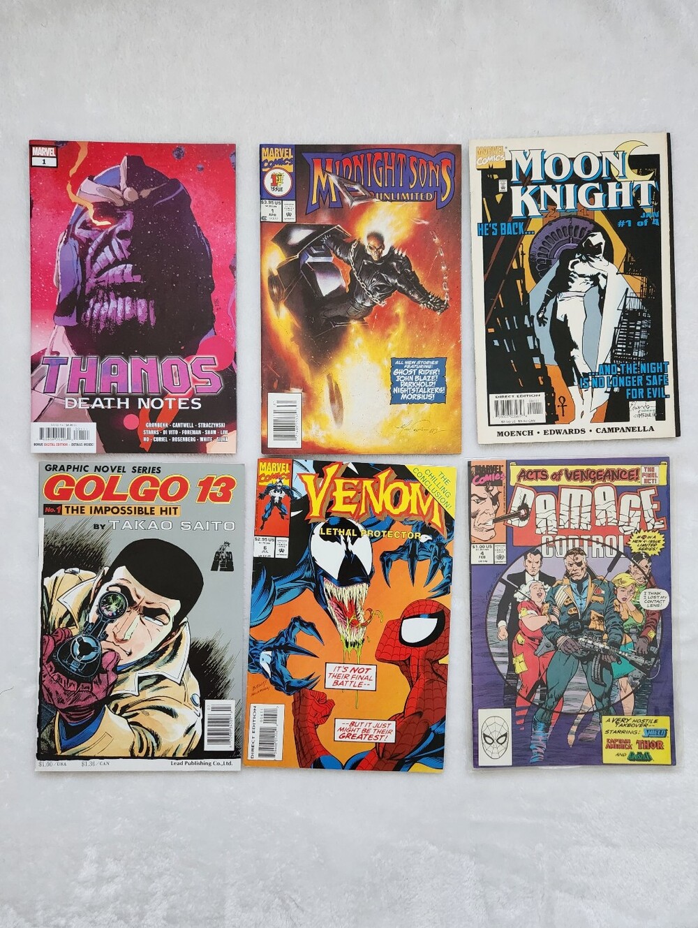 6 Comic Book Lot Venom Moon Knight Thanos Midnight Sons Damage Control Golgo 13!